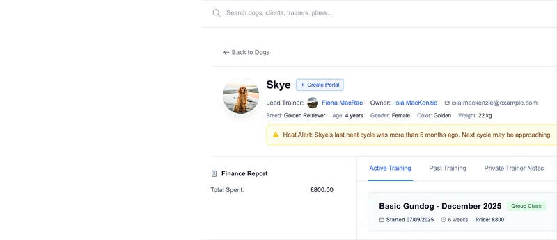 Dog profile interface with training history